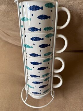 Stackable Fish Print Ceramic Mugs - Blue & Teal